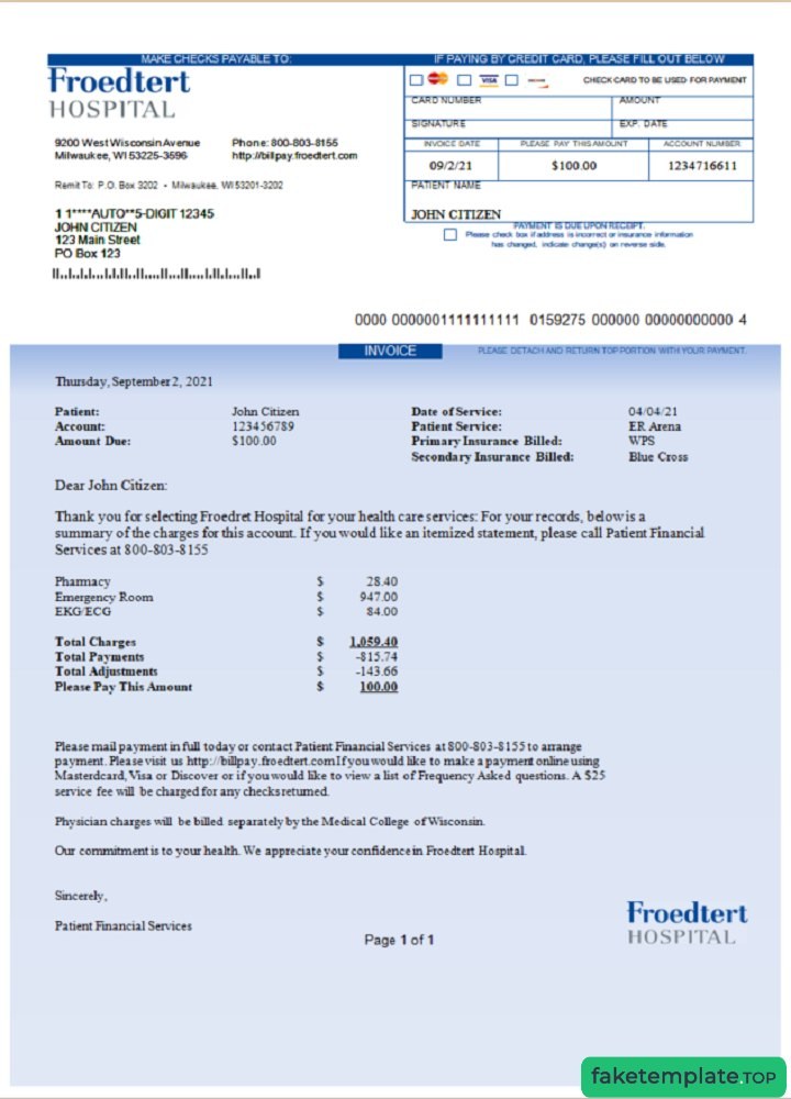 Feature of fake USA Froedtert Hospital invoice example